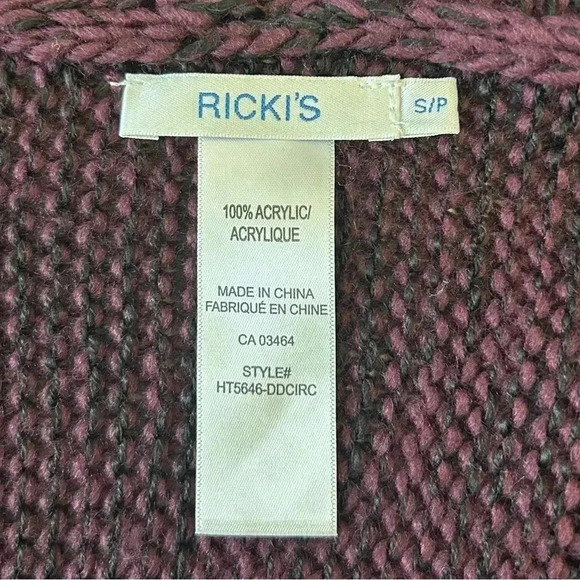 Ricki’s Circle Cardigan Open Front Draped  Collar Sweater Burgundy Black Small - Picture 10 of 12
